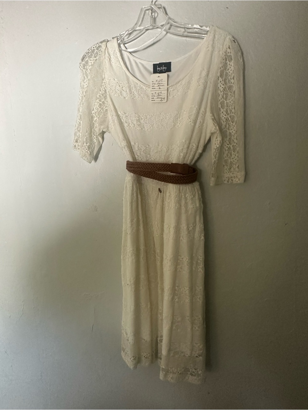 by & by Ivory Lace Midi Dress with Brown Belt